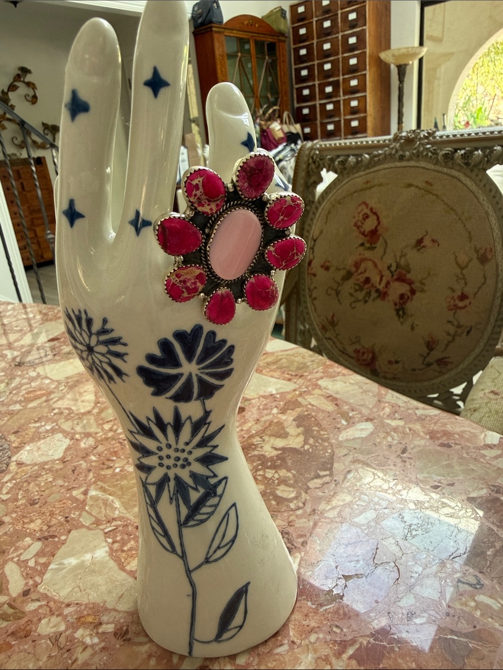 Sterling Pink Flower Cluster Ring with Light Pink Center size 7